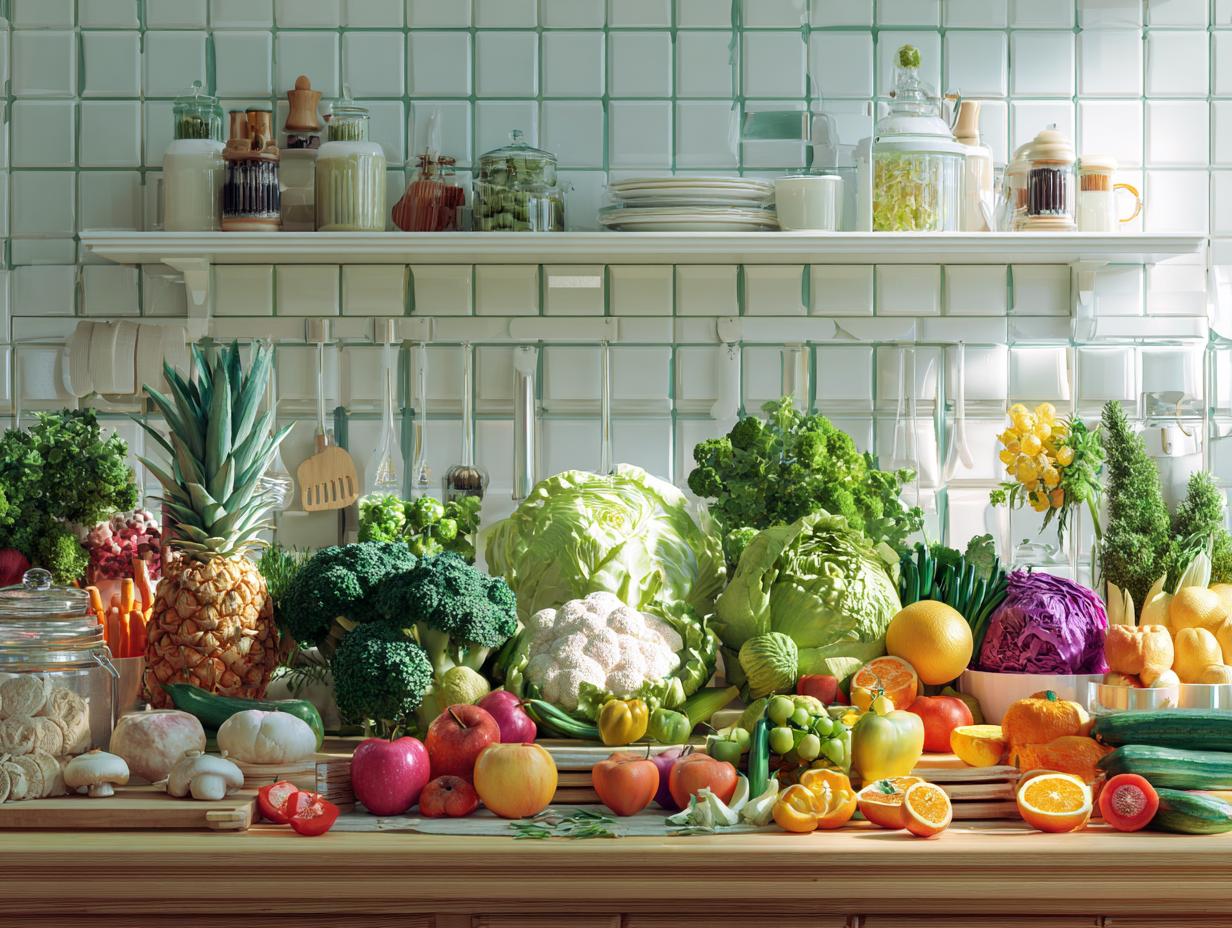 Різнокольорові свіжі продукти та збалансоване харчування